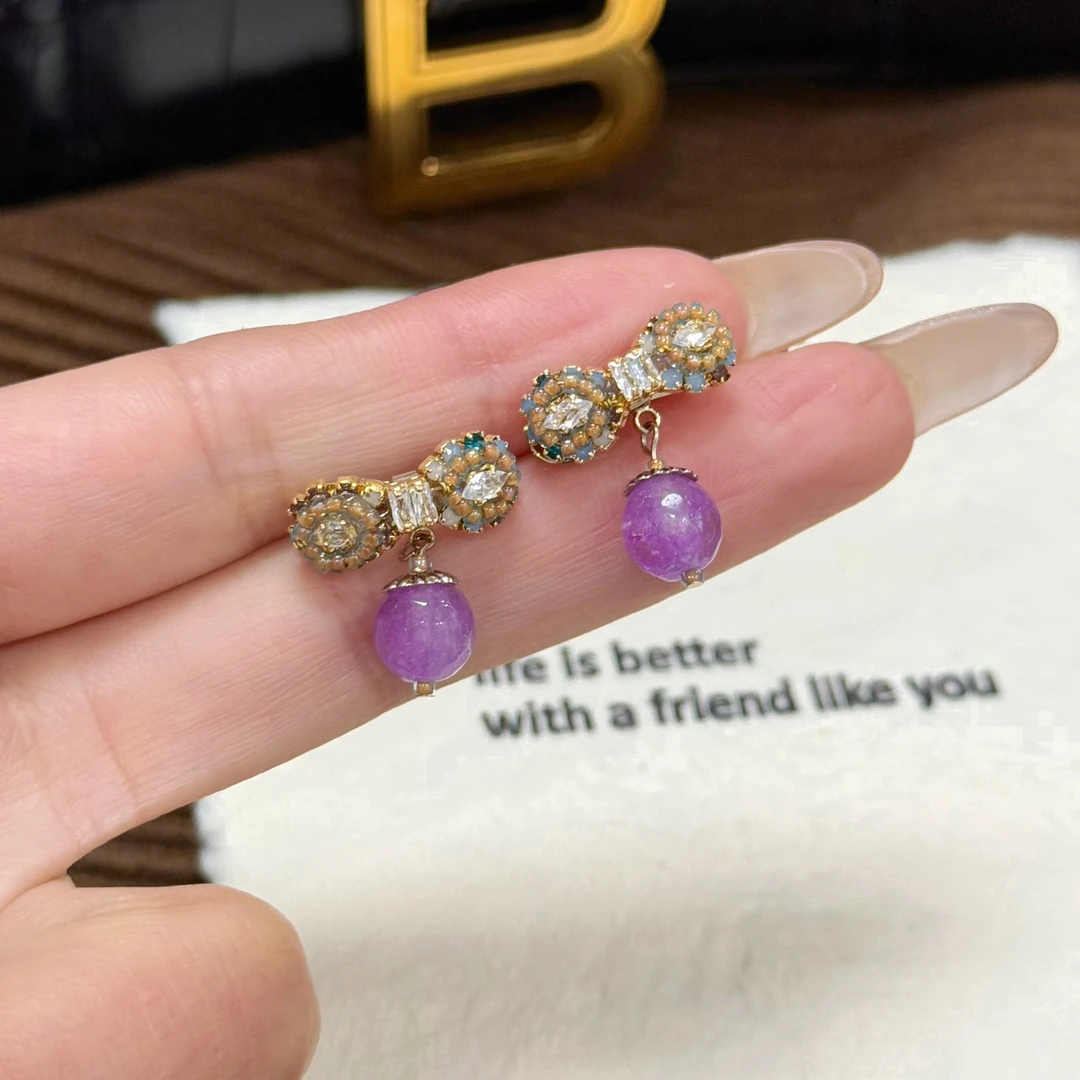 铜合金耳饰 A056 紫色蝴蝶结小糖果优雅高级感耳钉ins复古耳环