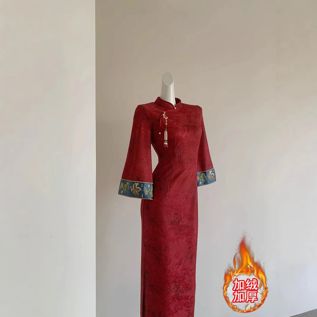 【红竹】中式秋冬红色改良旗袍显白竹叶提花新冬季订婚服敬酒服加绒