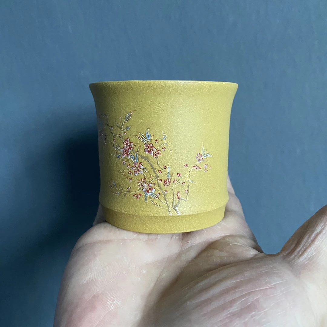 宜兴原矿紫砂段泥 手工珐琅彩工艺主人杯 容量150cc 薄胎 精美