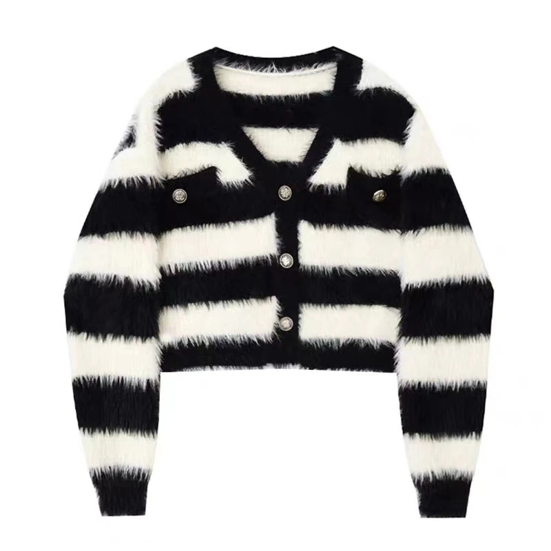 CacheCache小香风v领条纹针织开衫女秋新款毛衣慵懒风小众