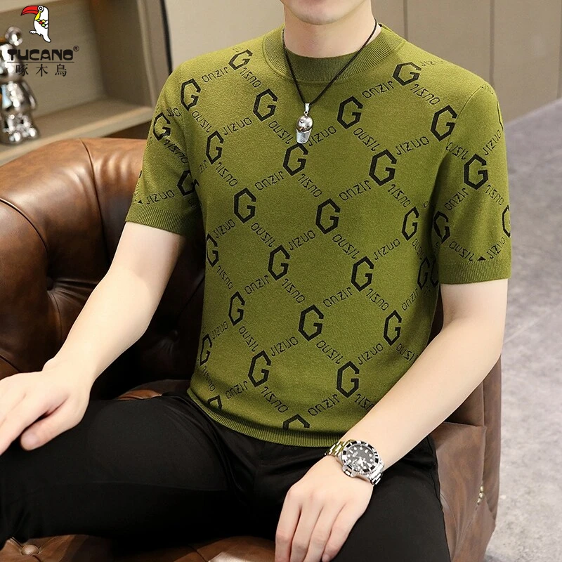 啄木鸟针织圆领男士打底衫内搭2025新款休闲透气短袖春夏修身t恤