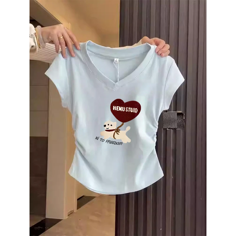 小众设计感正肩V领短袖t恤女2025新款收腰修身显瘦浅蓝色上衣夏季