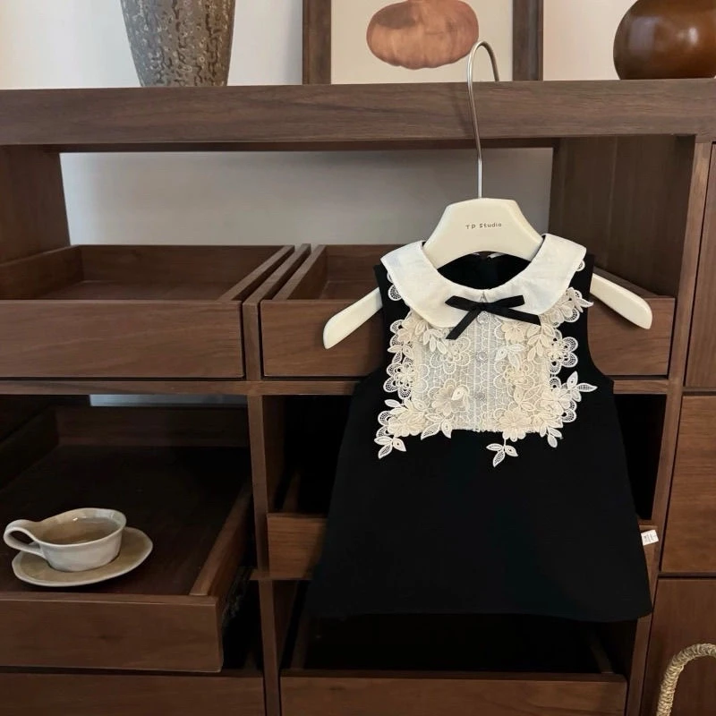 女童连衣裙新款赫本小黑裙法式女宝高定千金礼服娃娃领生日背心裙