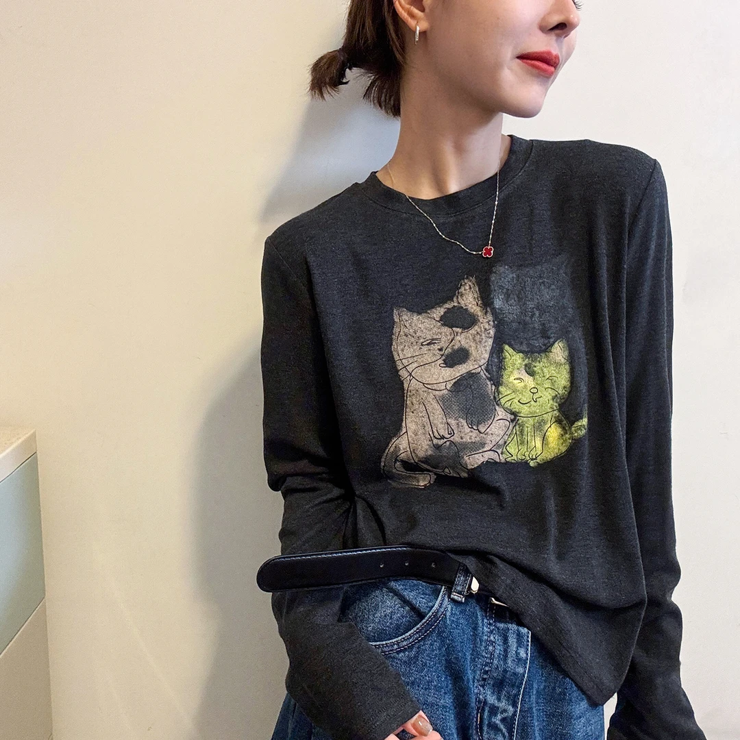 小猫印花面膜长袖T恤女欧洲站2025秋装新款欧货女装洋气打底衫潮