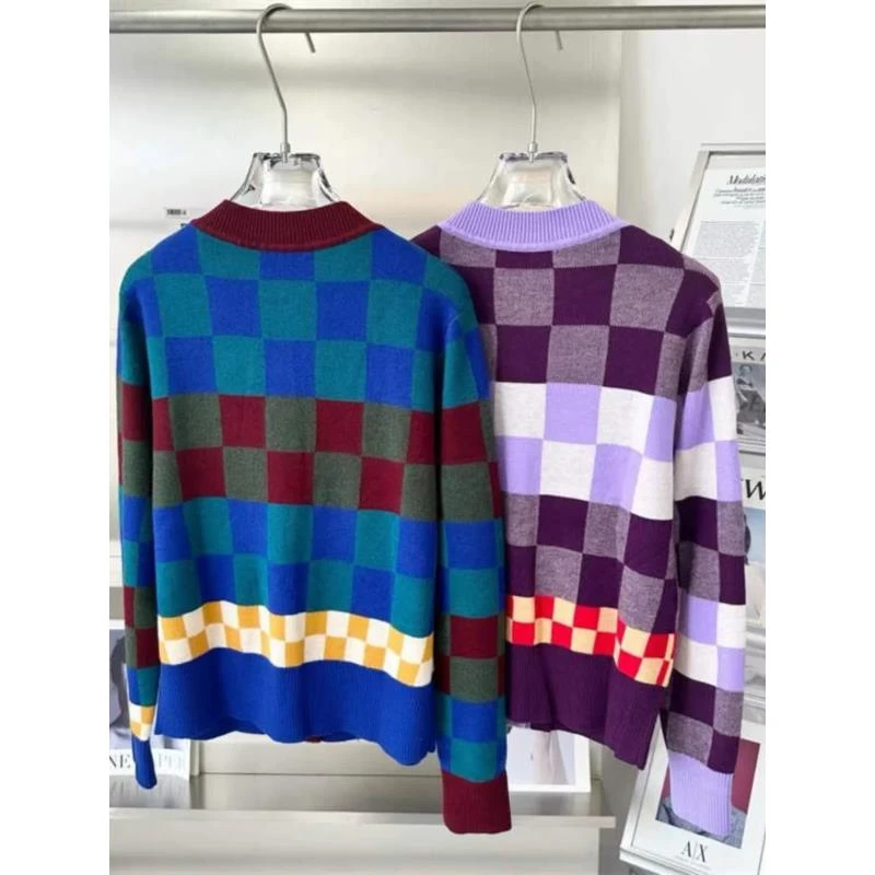 凯特丝蓓206#“复古棋盘"格子单排扣开衫长袖针织女1-840