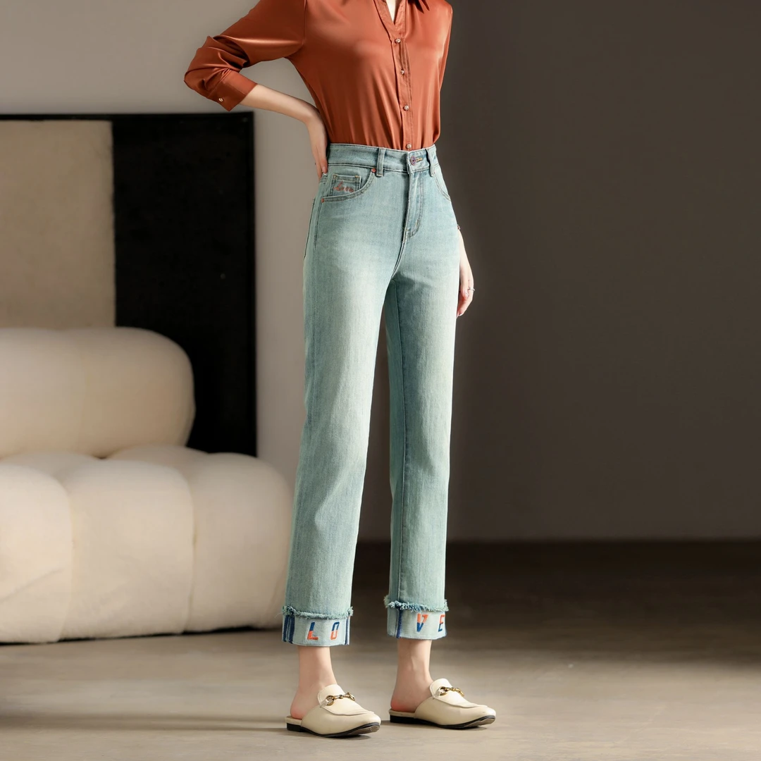 森系学院风微弹力常规高腰牛仔裤裤子显瘦夏季弹力4821