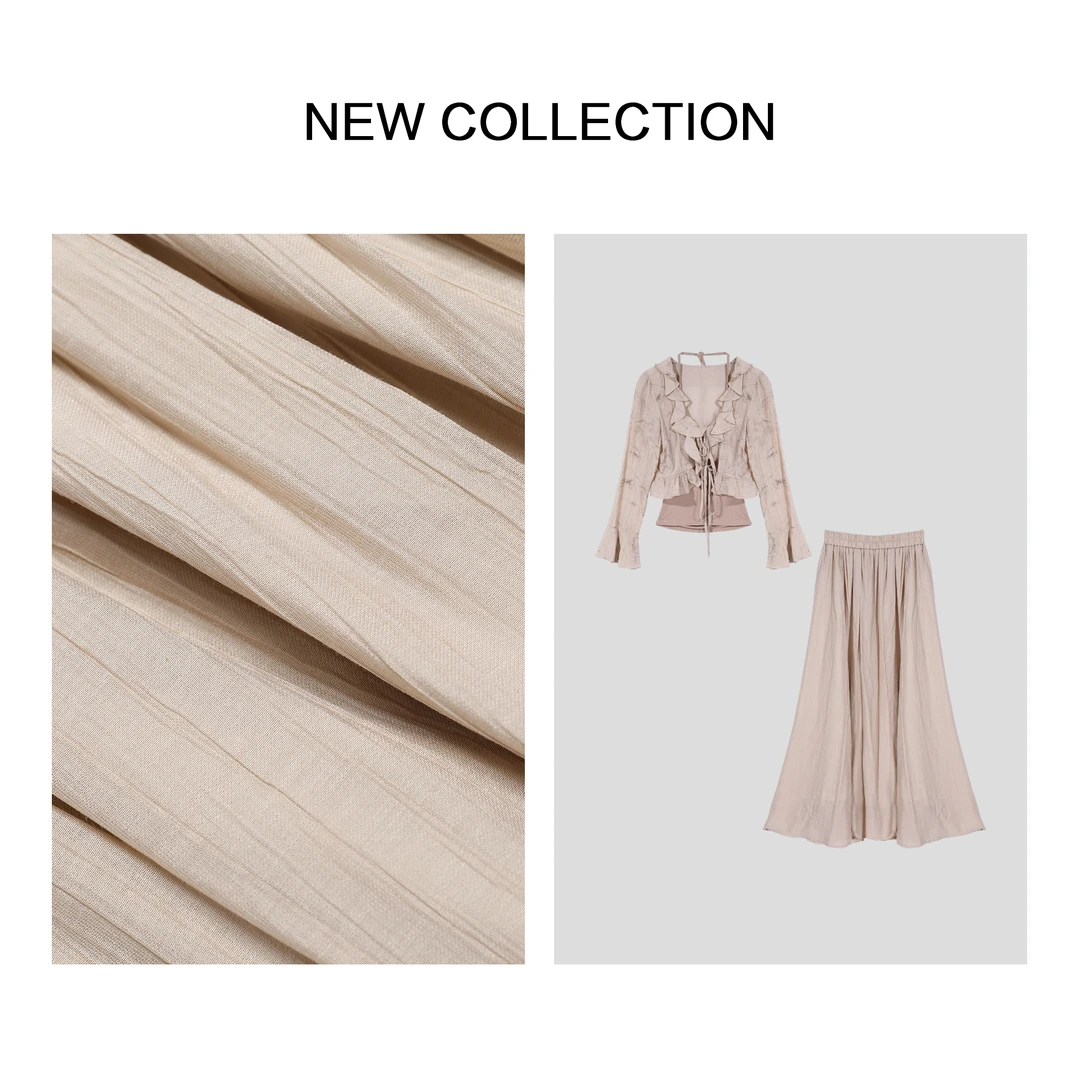 【诗语专属】荷叶边系带长袖上衣吊带垂感高腰长裙套装D3F28035