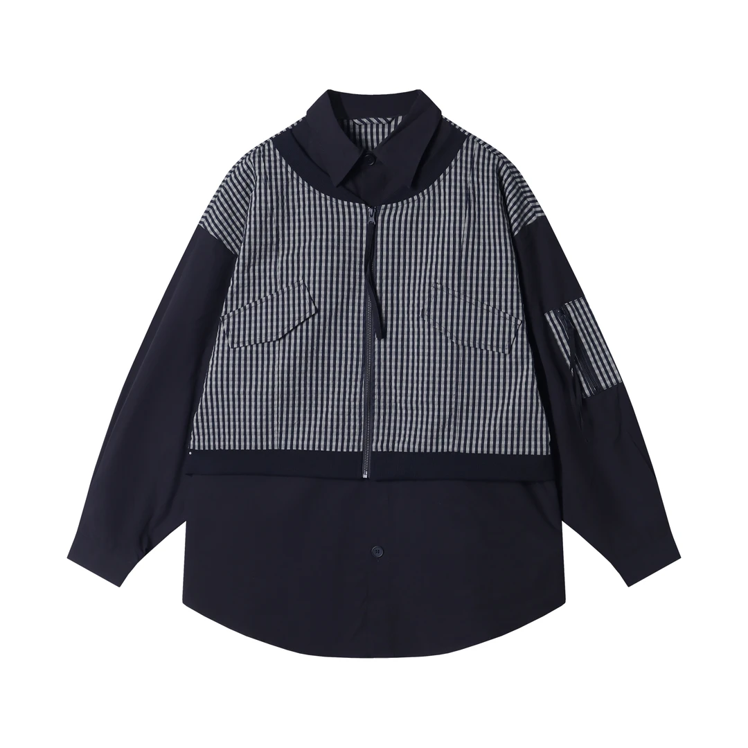 早春新款时尚个性撞色条纹拉链翻领假两件长袖T恤ins百搭情侣上衣