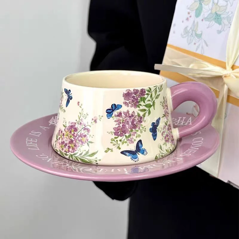 H201 紫薇花咖啡杯碟+圆球勺+手提