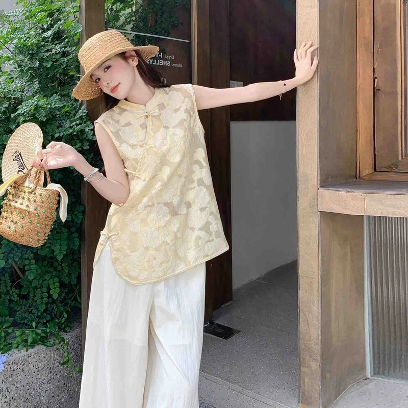 新中式黄色提花无袖旗袍上衣套装女2025夏季甜美优雅