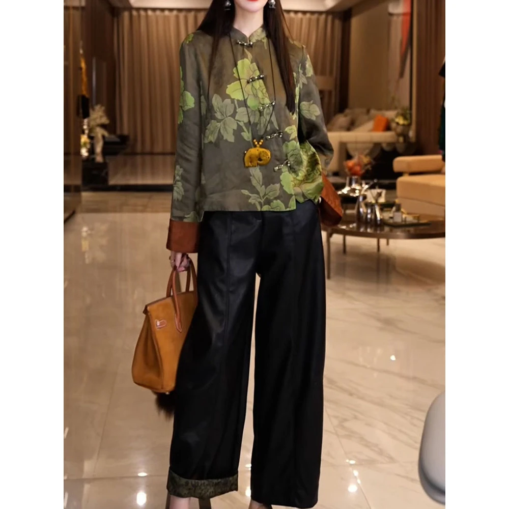 新中式国风套装女2025秋季新款立领斜襟小众提花衬衫+休闲直筒裤