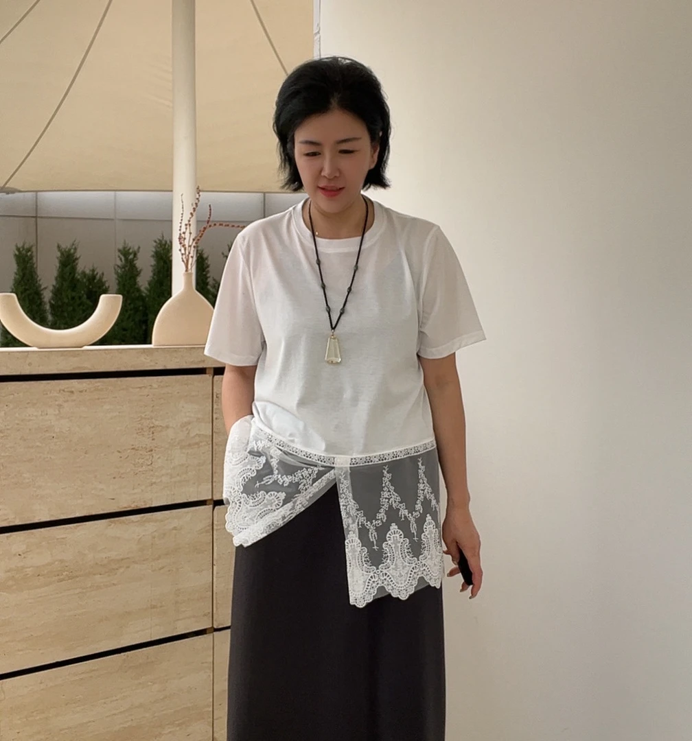 夏季宽松休闲中长款丝光人棉拼接蕾丝圆领短袖t恤8359