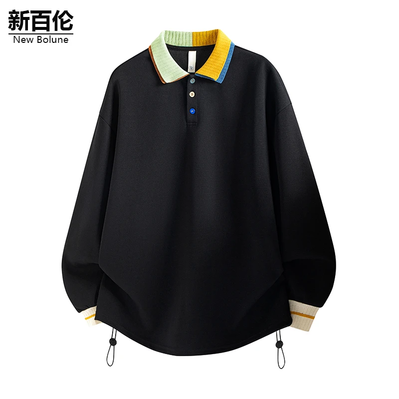 新百伦/NEW BOLUNE黑色卫衣男长袖T恤小众设计感翻领休闲打底内搭