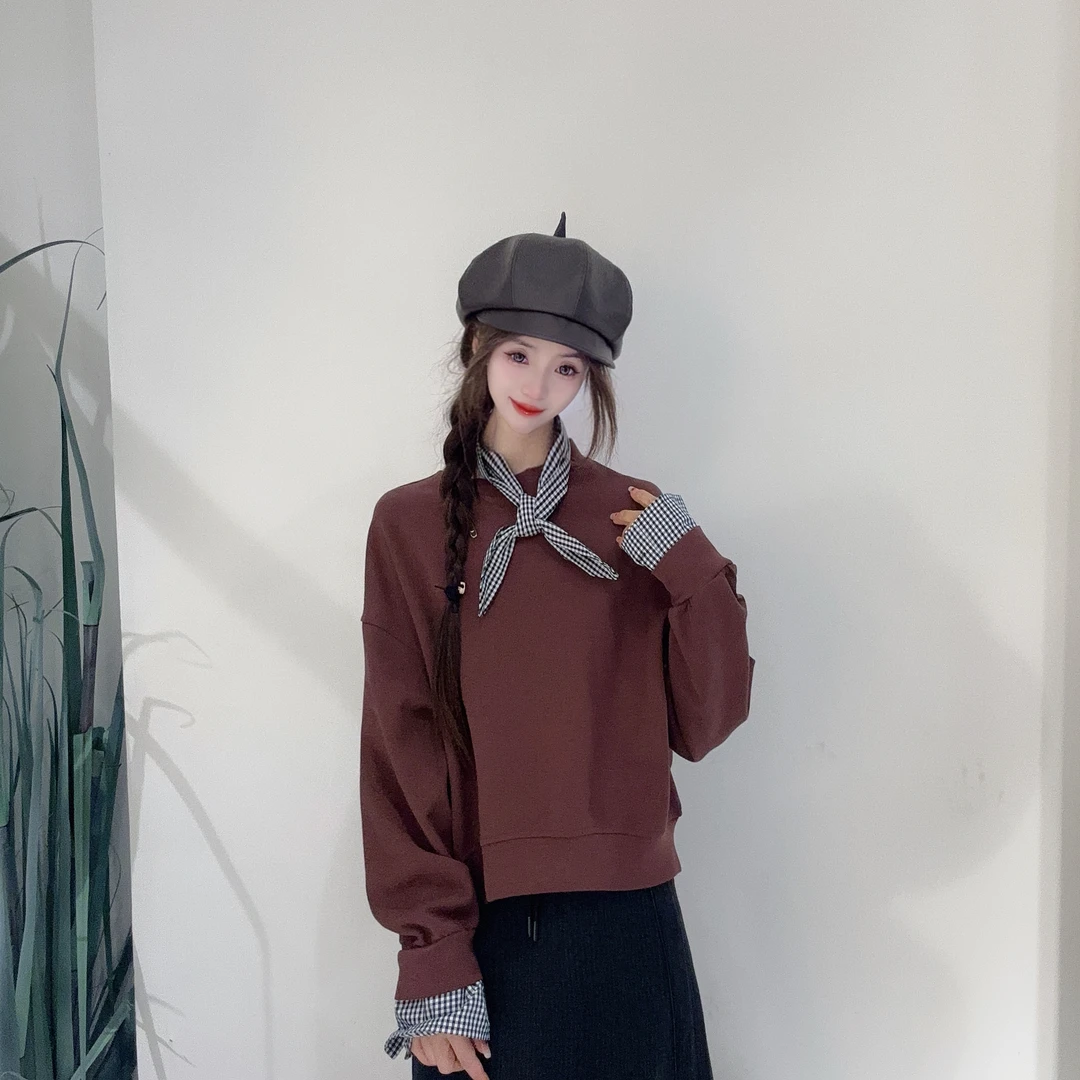 ED40227082简约风纯色圆领套头长袖卫冬新款韩版百搭宽松显瘦上衣