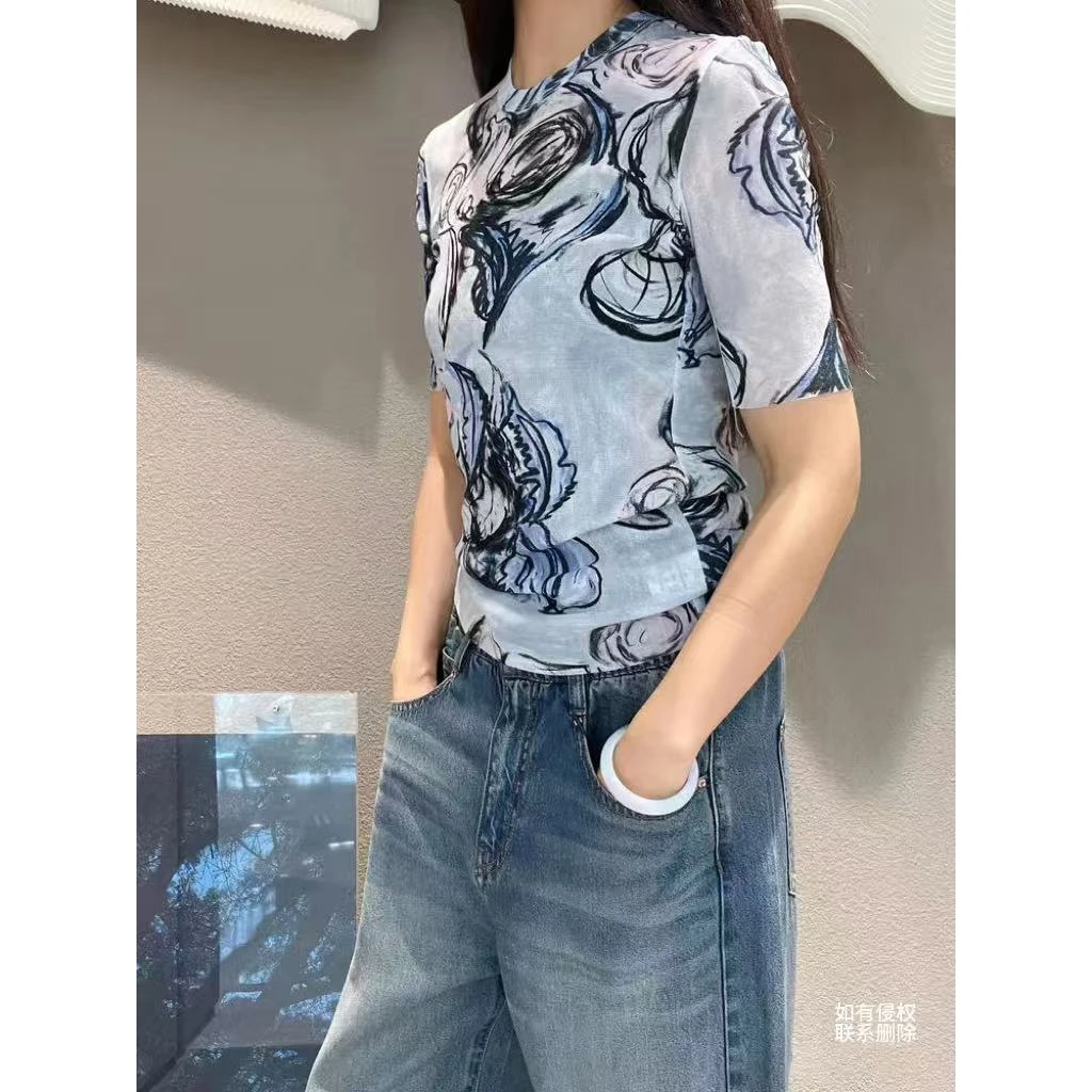 『朱小姐』“雾中花”新品短袖T恤花卉皮肤衣 G045