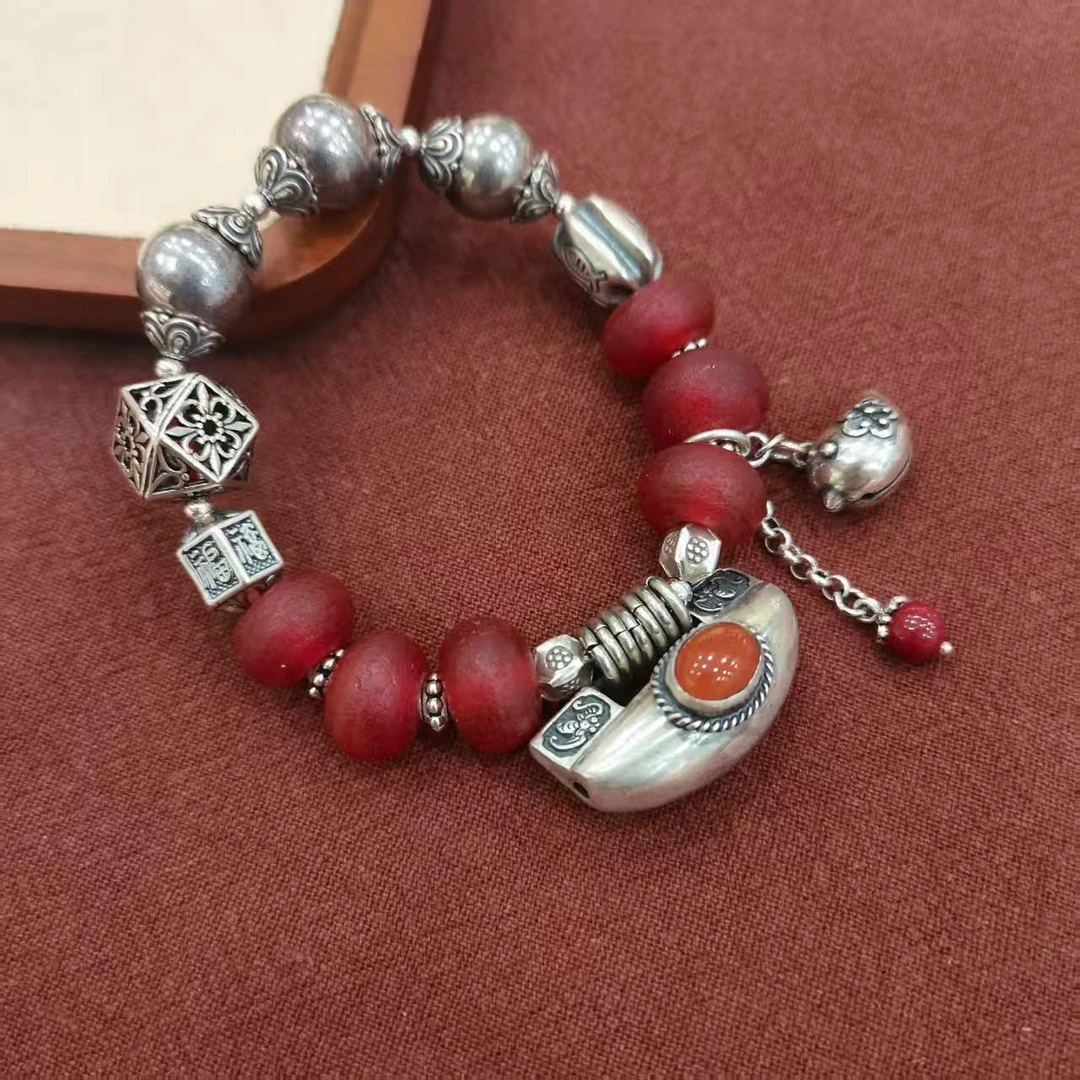 银之酷 925银手链 足银饺子锁手链女复古民族风个性小众饰品