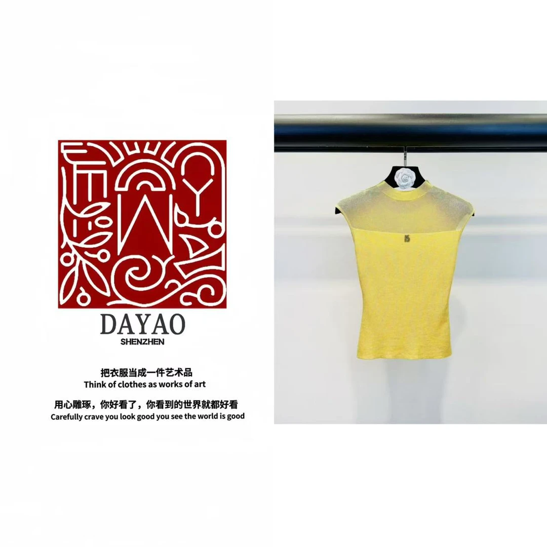 「DAYAO」25独特别致小众薄纱拼接无袖t恤针织衫高级感冰丝WYS25340