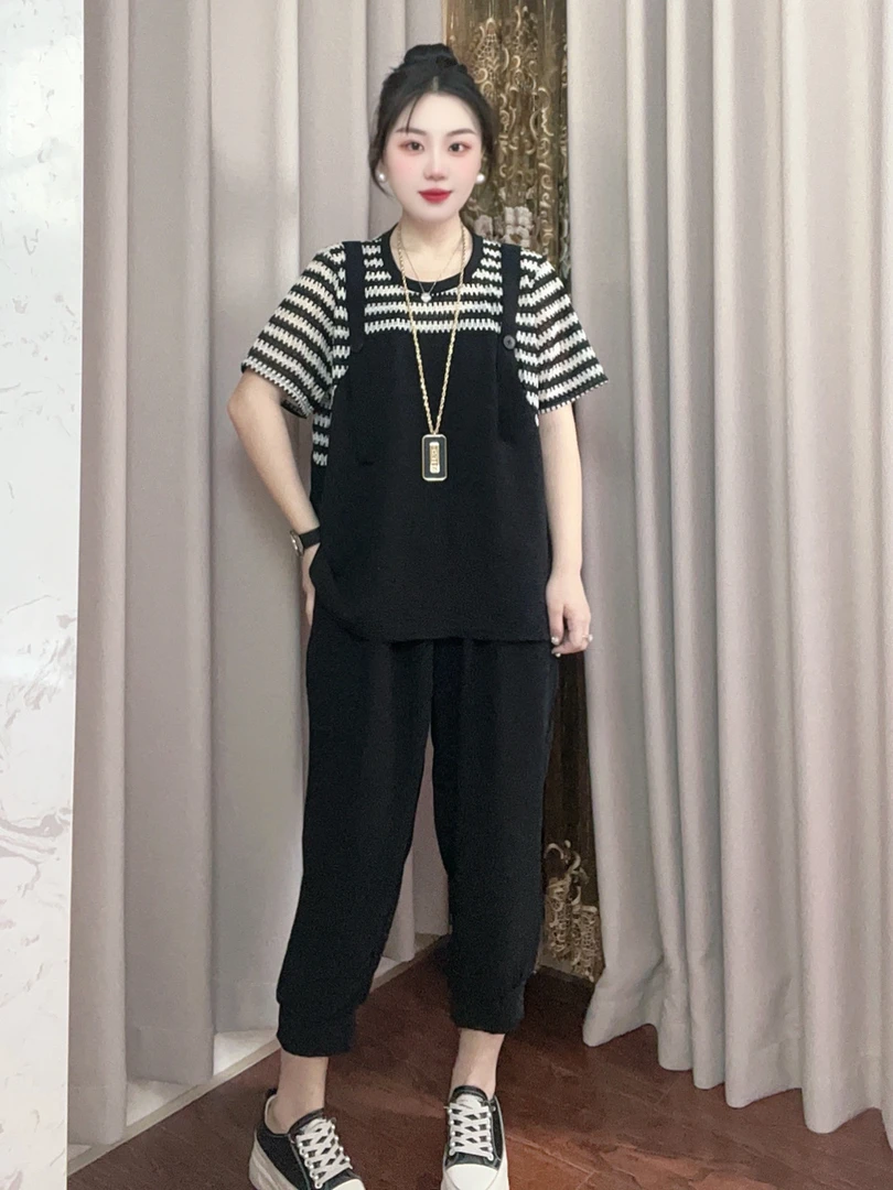 条纹拼接短袖上衣八分裤两件套显瘦遮肉减龄时尚女装