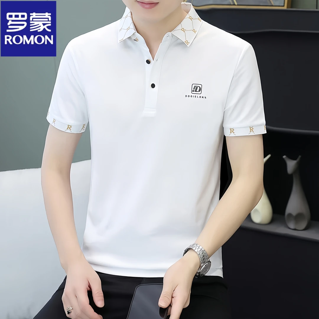 Romon/罗蒙男士夏季新款短袖t恤潮流休闲上衣时尚印花Polo衫半袖