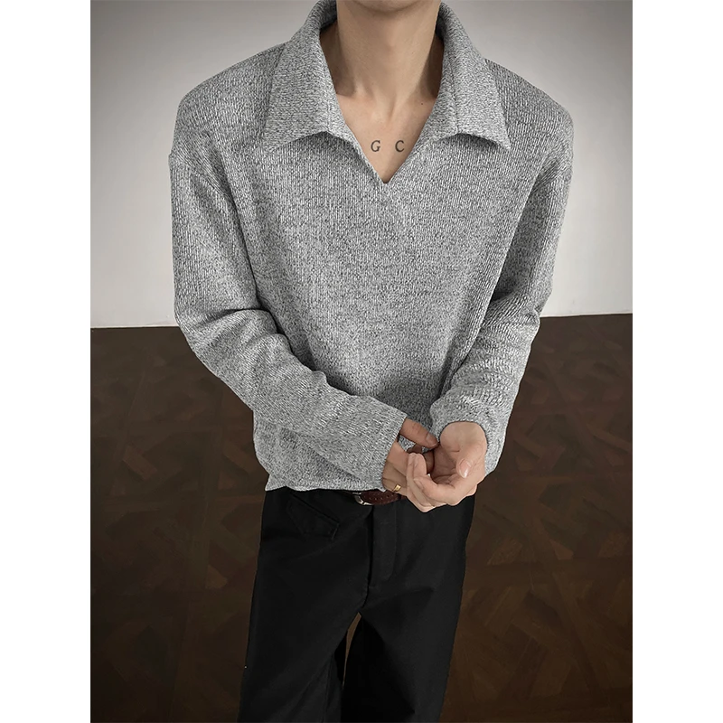 V领polo衫卫衣男春季重磅美式复古老钱风长袖上衣麦穗纹理设计感