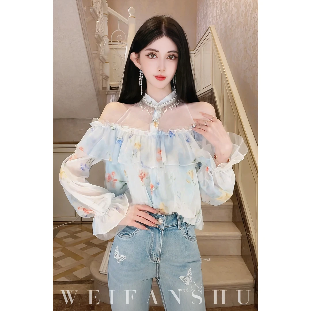 WEIFANSHU/魏凡舒【黎明恋人】春夏新款时尚甜美设计感印花露肩上衣