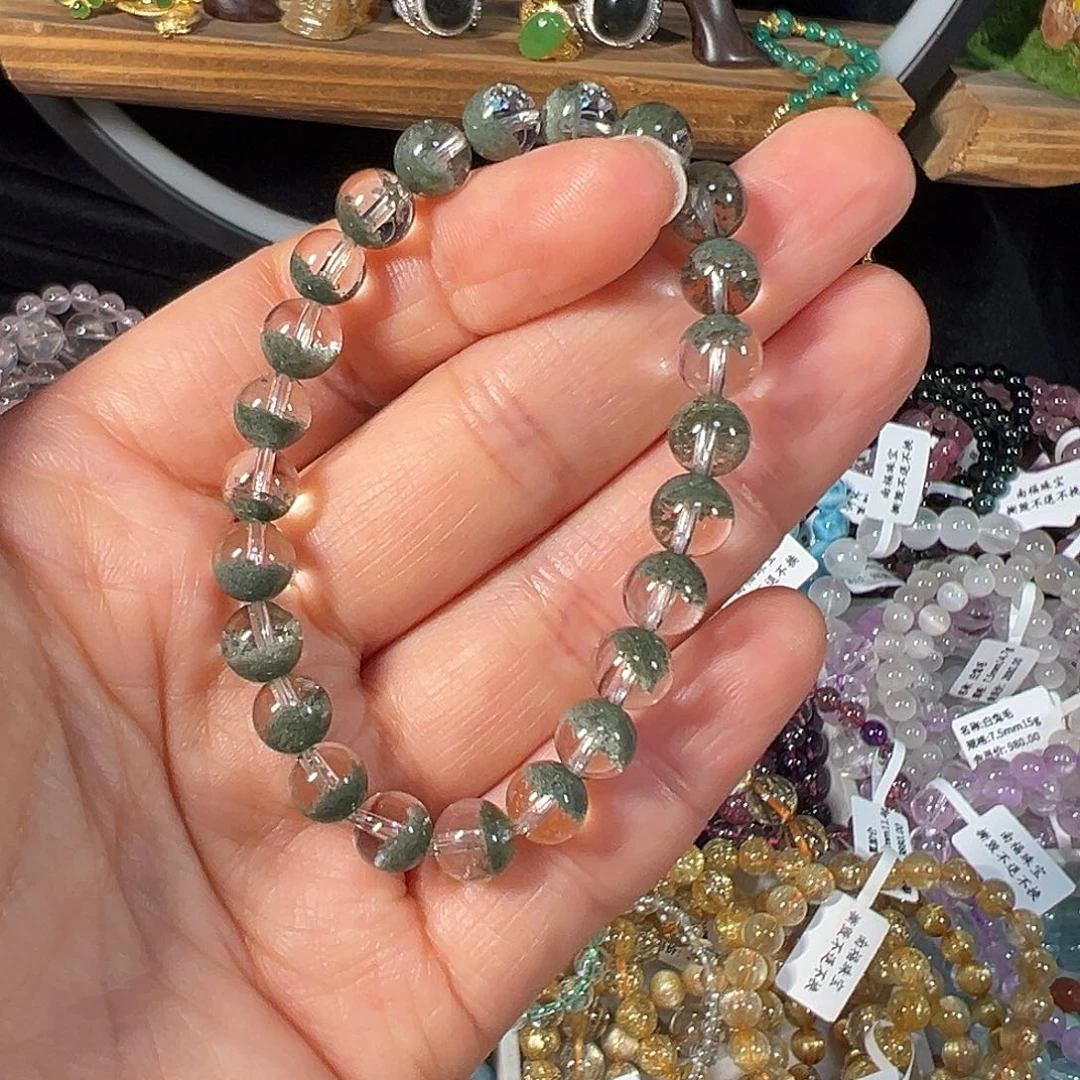 水晶手串未镶嵌巴西绿幽灵聚宝盆7mm透体单圈手串