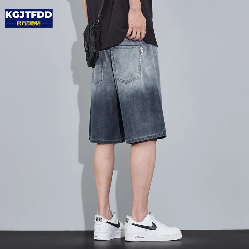 天丝牛仔短裤男士夏季薄款宽松直筒透气潮牌渐变百搭休闲五分中裤