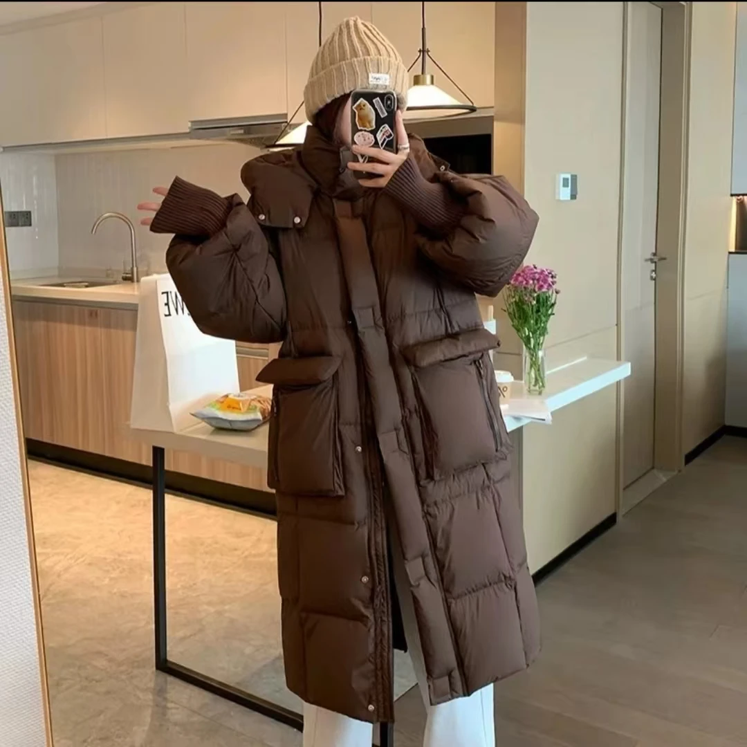 新款90鸭绒服冬日百搭连帽韩版加厚过膝时尚休闲冬季羽绒服宽松