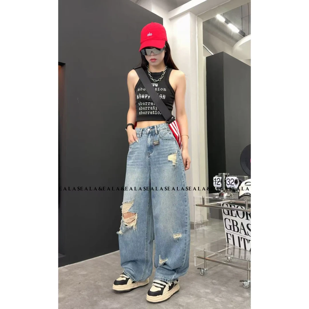 EZ8573 夏季新款个性叠层口袋显瘦无弹水洗美式老爹堆堆裤