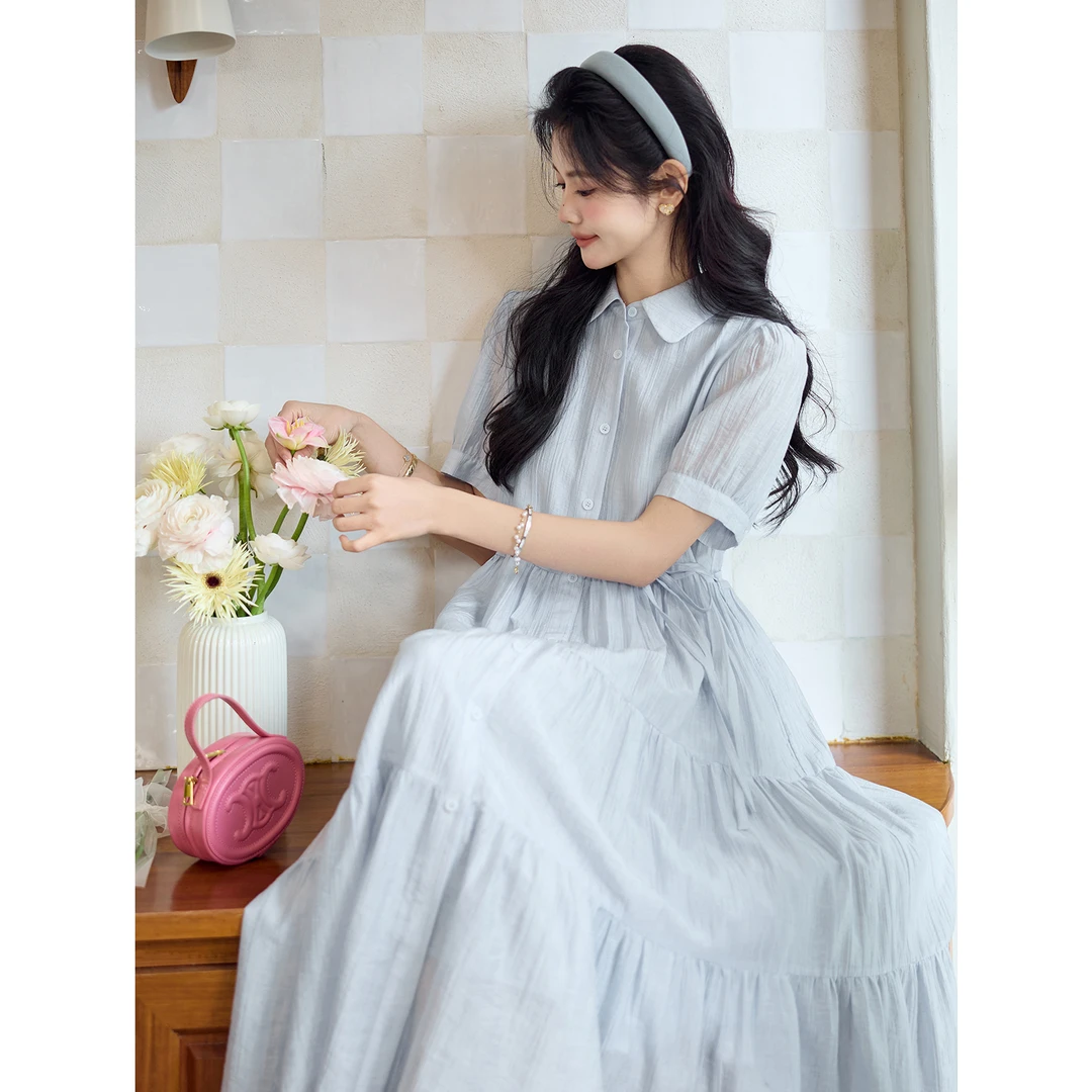 宿本【葡萄风信子】法式连衣裙2025夏季收腰中长款衬衫裙1520505LP