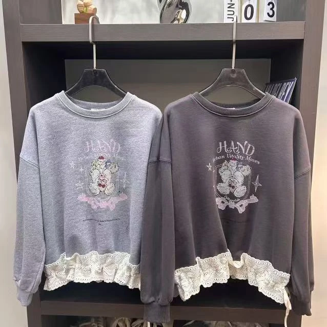 蕾丝花边圆领印花卫衣春款