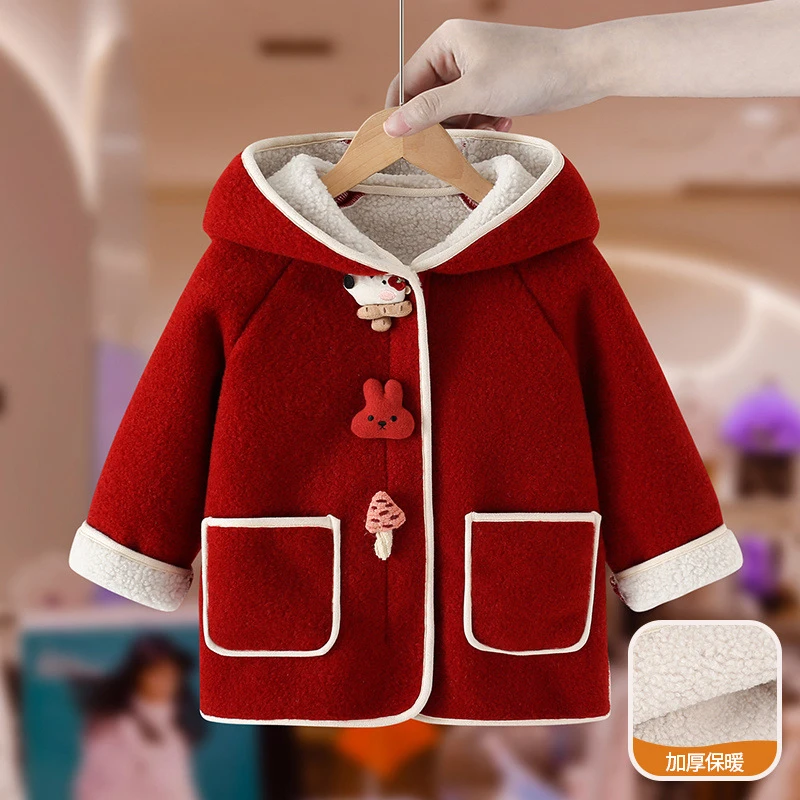 热销爆款女童安哥拉红呢大衣儿童冬装外套新款宝宝红色中长款拜年