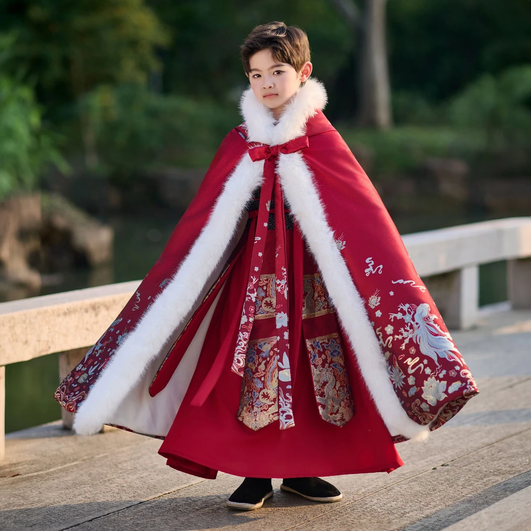 新款男童汉服加绒加厚披风斗篷带帽冬季儿童中国风外套秋冬款加绒