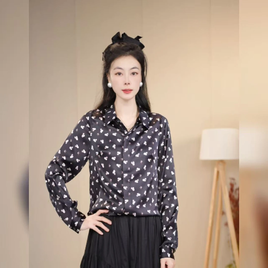 【多米拉】00424复古碎花丝滑衬衫上衣女装气质法式