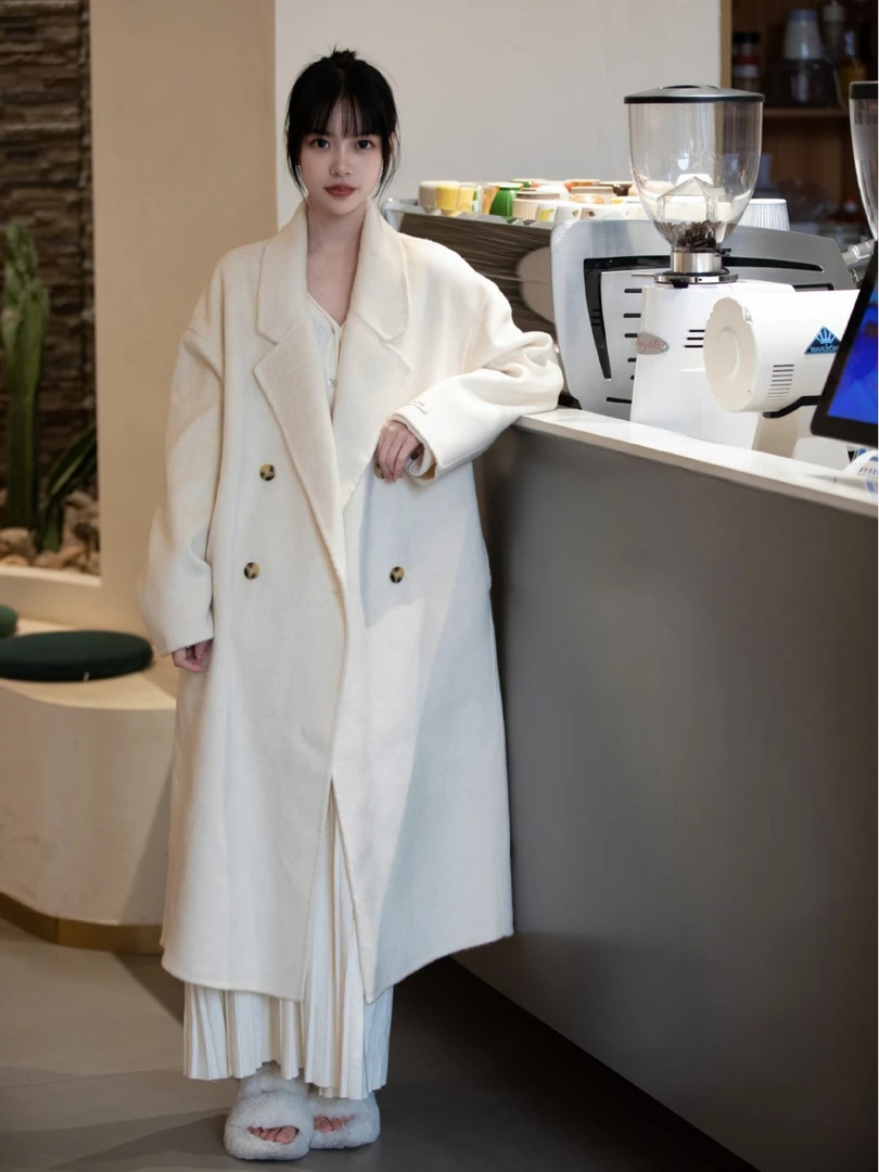 韩系休闲长毛双面羊绒大衣毛呢外套茧型慵懒风大衣女