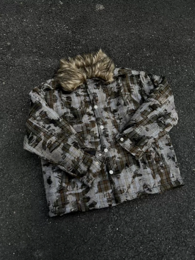 牛十八-迷彩可拆卸毛领复古夹克棉服外套