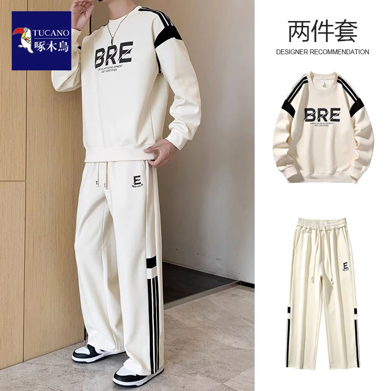 啄木鸟休闲运动套装男士秋季学生潮牌宽松卫衣阔腿直筒卫裤两件套