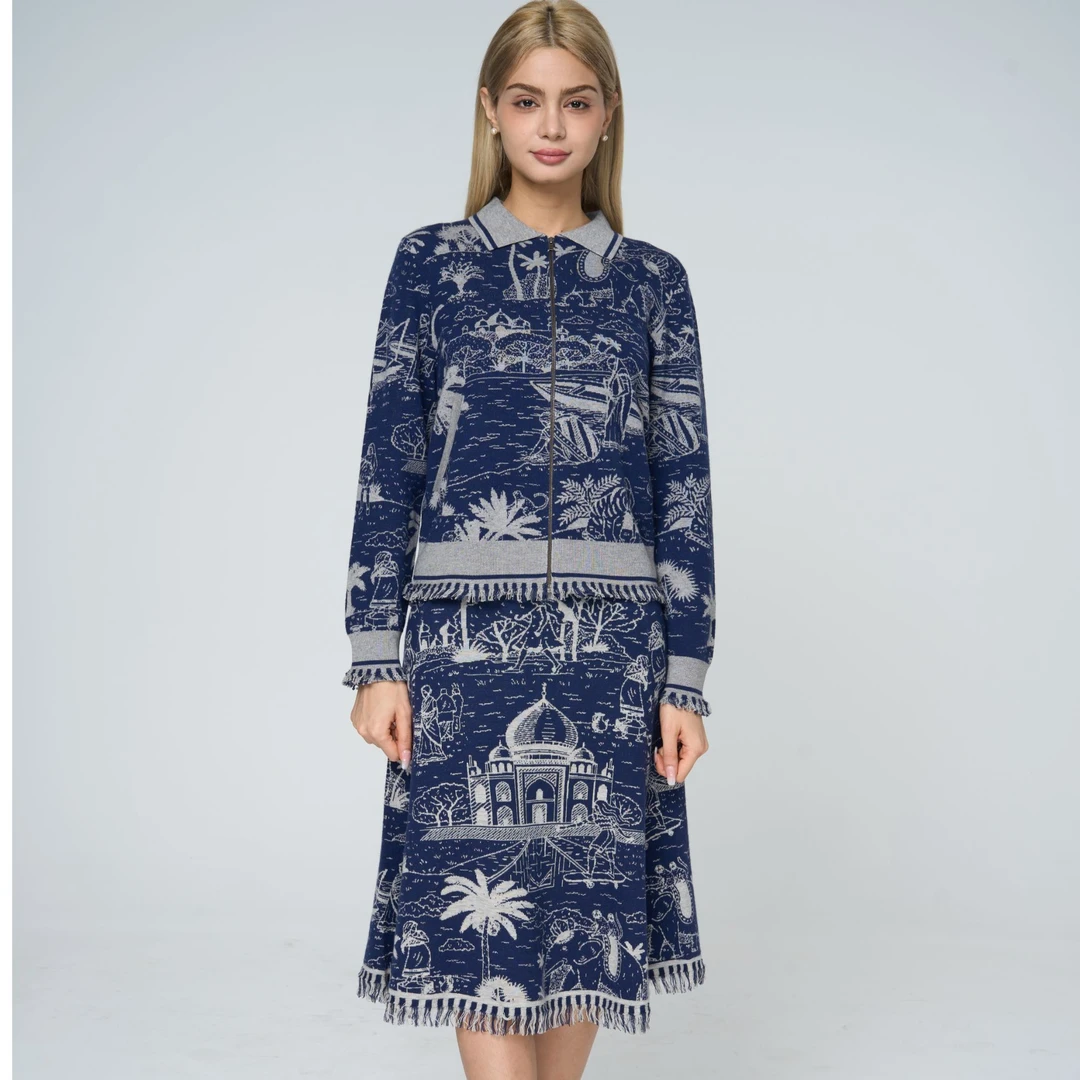 WANMU |度假风拉链开衫半裙套装潮牌时尚