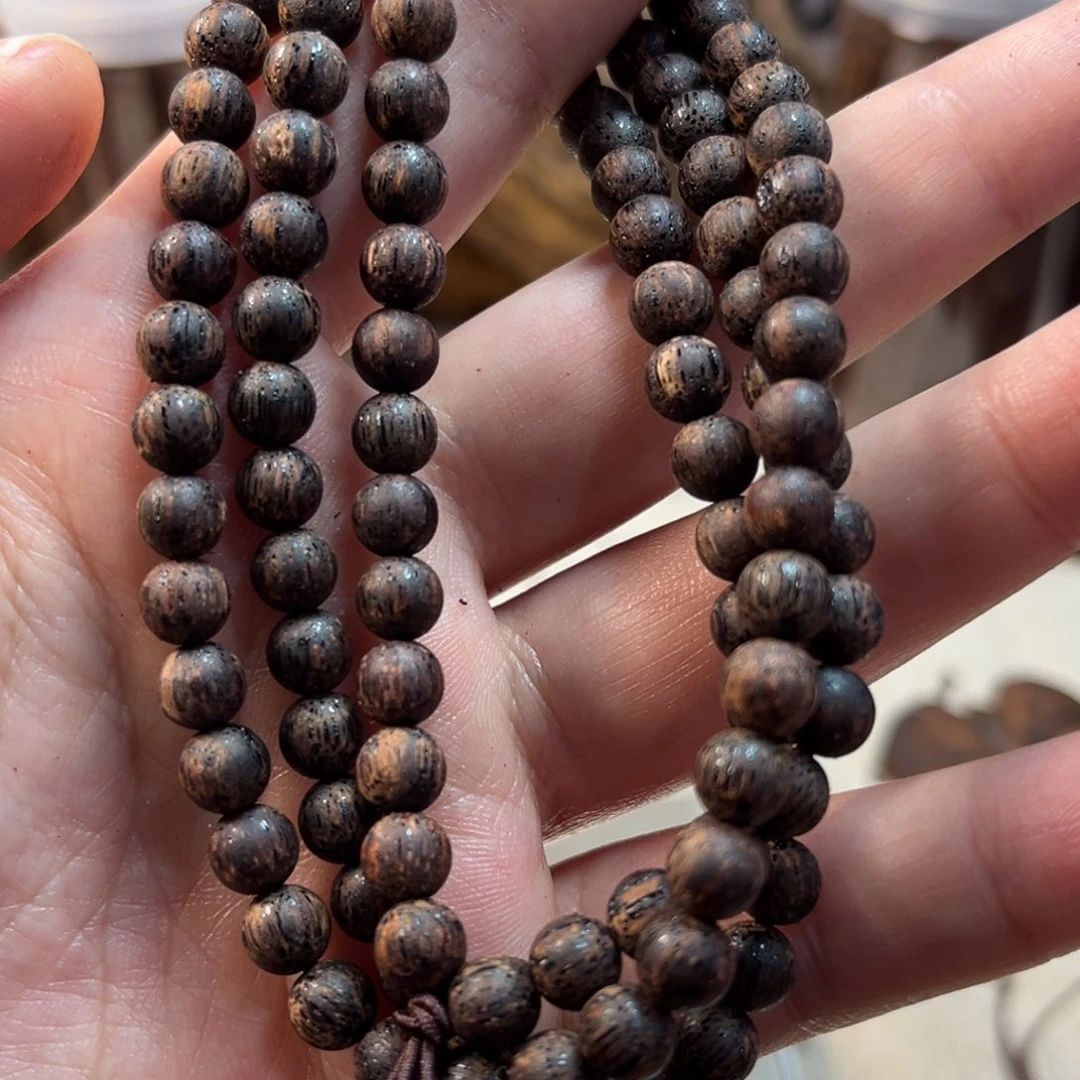 降真香手串/手链0.6x108圆珠土埋绿油金丝