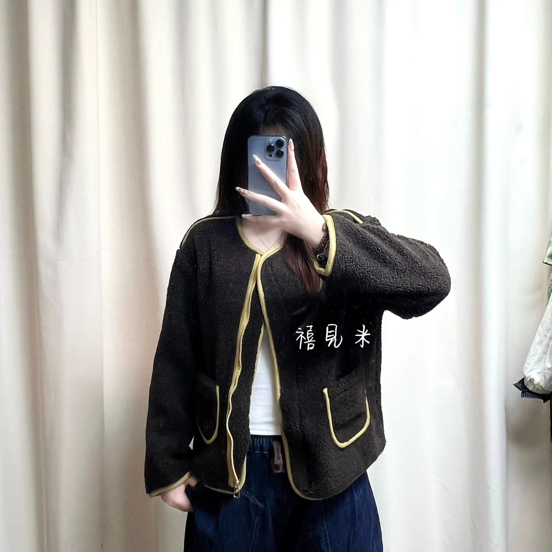 秋冬季女款圆领外套韩版毛毛上衣拼色宽松大码外套