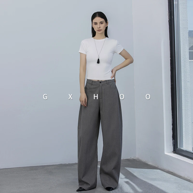 GXHOO灰色高智感高腰休闲直筒裤女2025秋季新款时髦通勤阔腿裤子