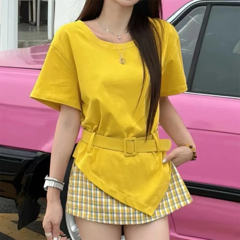 【浅浅专属】斜肩露肩短袖不规则独特设计感T恤显瘦格子短裙两件套