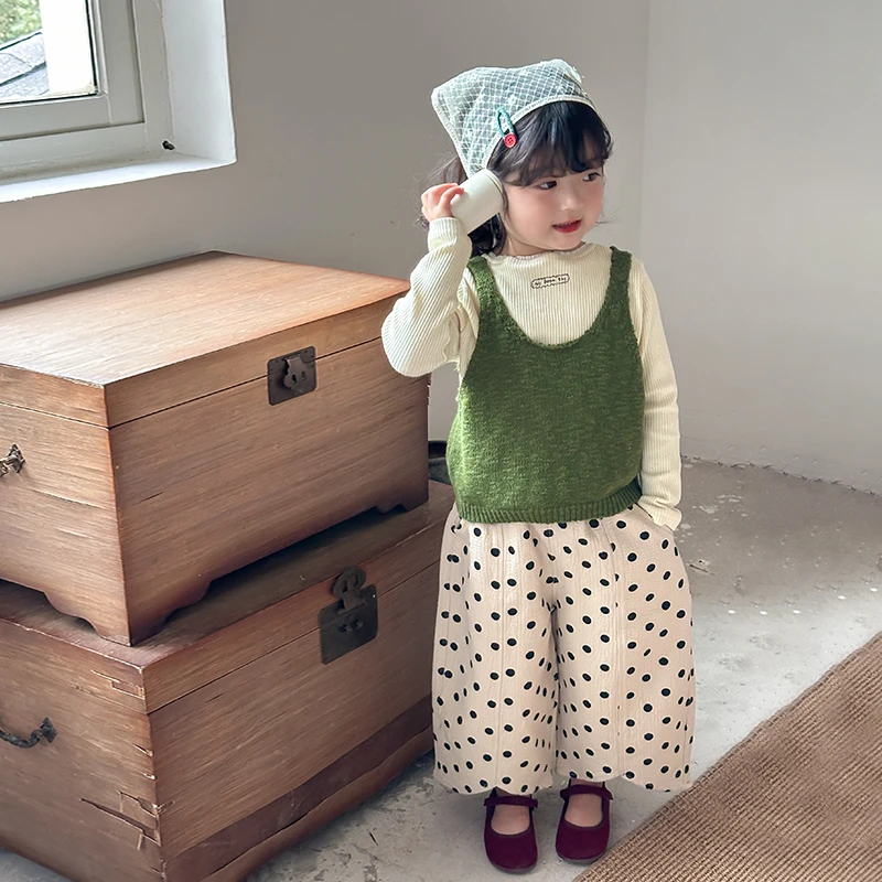 【橘子家】 现货~女童多巴胺穿搭针织马甲打底衫圆点休闲裤HS3105