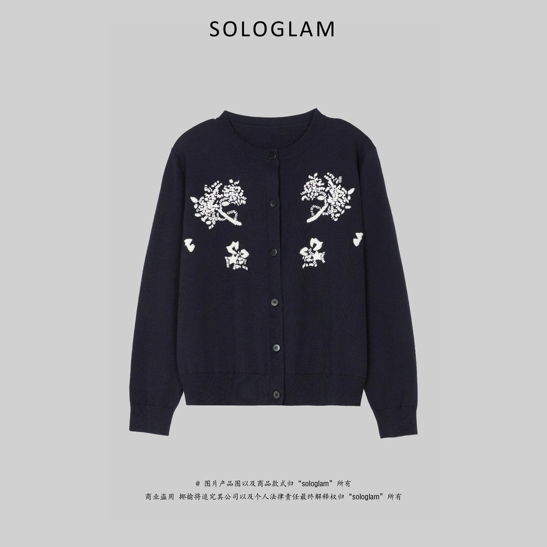 sologlam柔软密织纯羊毛手工钉珠片刺绣罗纹边圆领针织开衫毛衣女