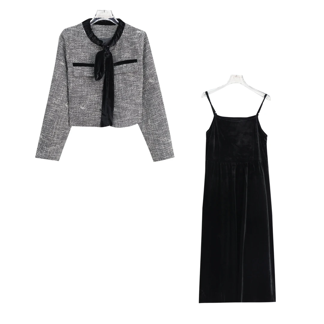 S法式小香风外套修身显瘦吊带裙千金风套装S4626