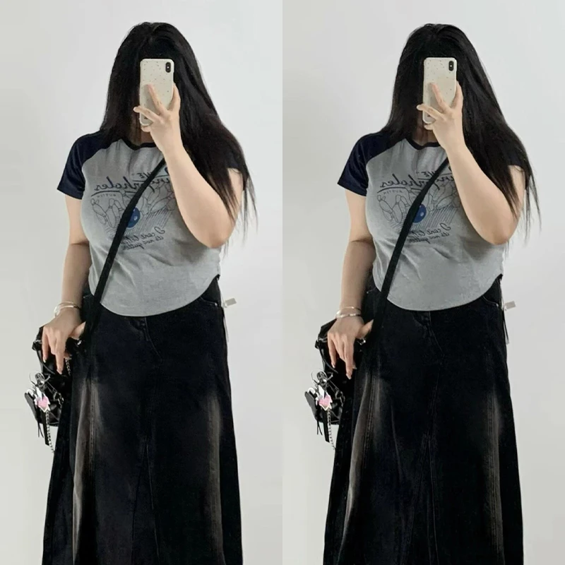 胖mm特大码美式复古字母印花短袖t恤女2025夏季修身显瘦正肩上衣