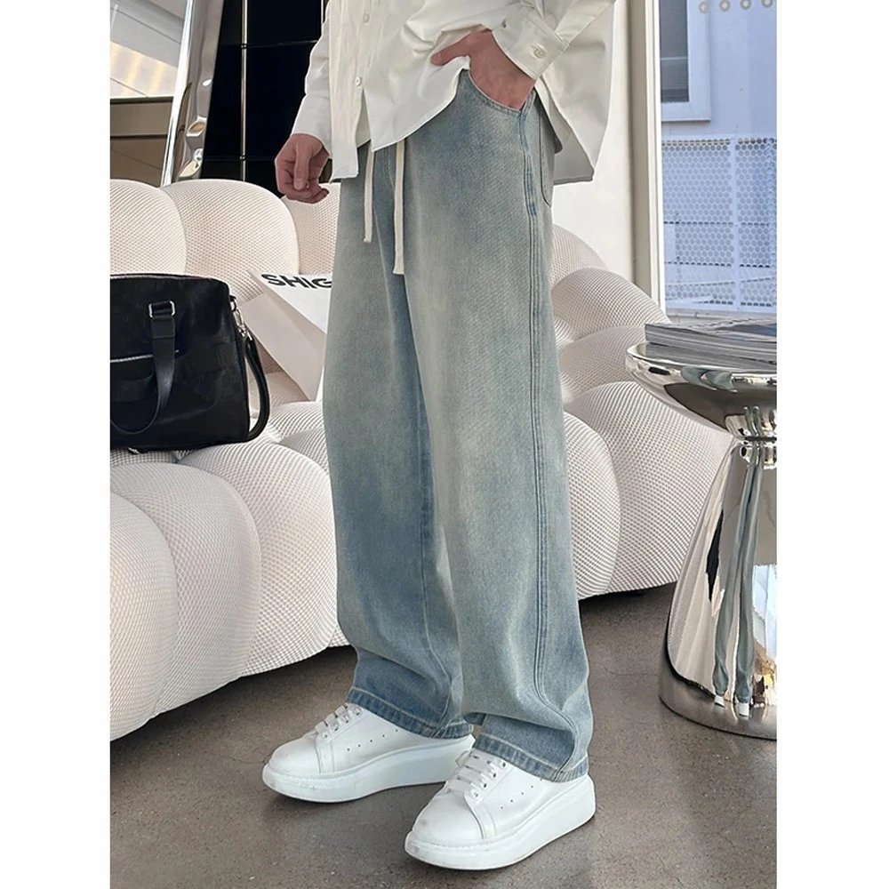 浅色牛仔裤男春夏季宽松百搭阔腿裤子潮牌复古水洗直筒休闲长裤男