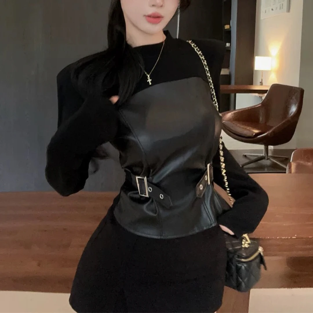 【月姐家】甜酷辣妹半高领PU皮拼接长袖t恤女秋季内搭打底上衣