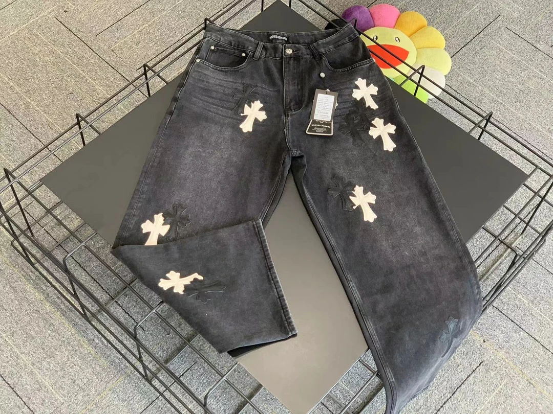 美式高街水洗十字架拼皮505底版牛仔裤男女同款2195