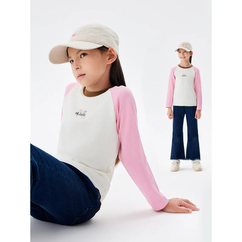 【商场同款】马拉丁童装T恤24秋新款女童大童撞色圆领德绒长袖T恤